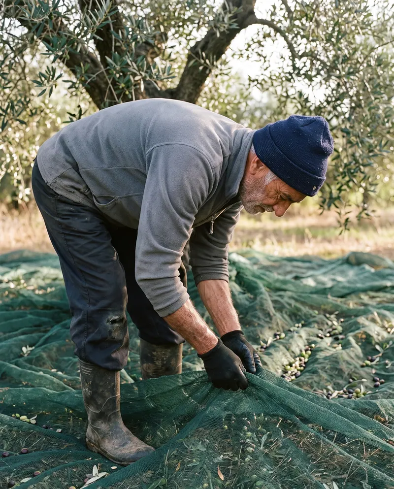 An elderly farmer spreading nets beneath an olive tree during the harvest