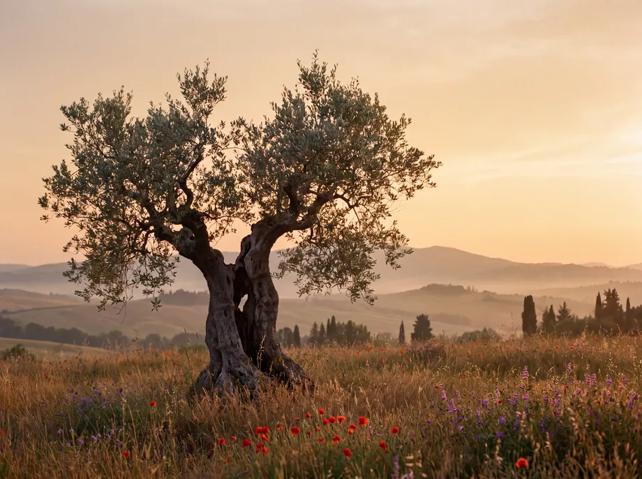 A four-hundred-year-old olive tree standing alone in a Tuscan meadow at dusk