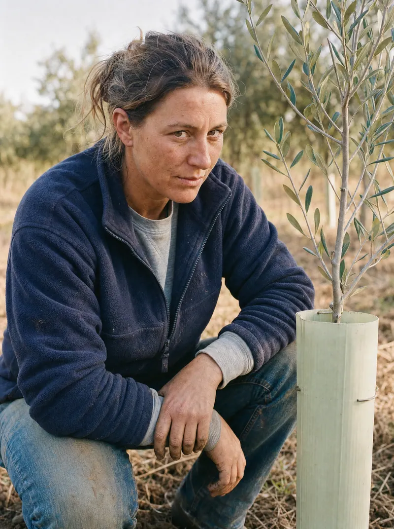 Chiara Martelli beside a newly planted olive tree