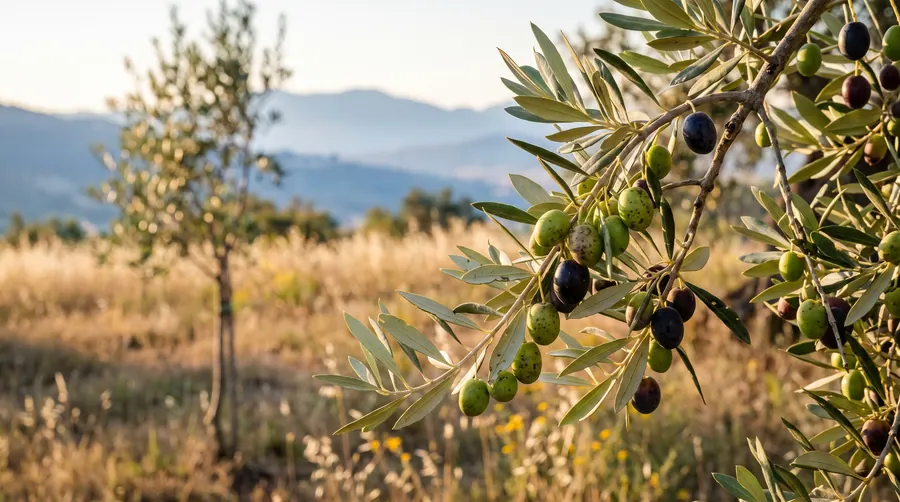 A branch heavy with olives, a young olive tree beyond it